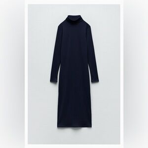 NWT ZARA Fitted Midi Dress Navy Blue Size L